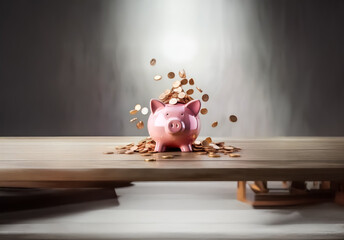 Poster - A pink piggy bank sits on a wooden table as golden coins rain down into its slot, symbolizing savings and financial growth in a bright, spotlight setting.