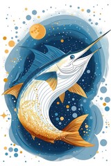 Aufkleber - a stylized illustration of a marlin fish against a cosmic background.