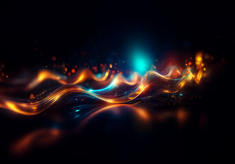 Poster - abstract glowing waves of orange, gold, and teal light streak across a dark backdrop. bokeh highligh