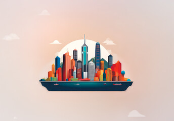 Aufkleber - A vibrant cartoon cityscape featuring colorful skyscrapers and trees on a floating island. Water surrounds the island, set against a gradient sky with soft clouds.