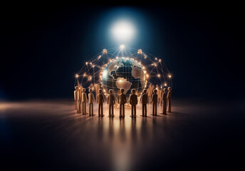 Fototapete - Illuminated globe encircled by figures connected by glowing lines, symbolizing global network and connection in a dark setting with spotlight.