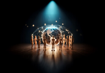 Fototapete - Wooden figures stand in circle around a glowing globe with network connections under a bright spotlight in a dark scene.