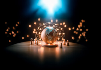 Leinwandbilder - Illuminated globe encircled by glowing nodes and wooden figures on a dark backdrop, representing global connections and communication.