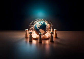 Poster - Wooden figures surround a glowing globe with light trails, symbolizing global connection and networking.  A representation of worldwide communication and unity.