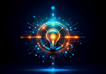 Fototapete - Bright lightbulb emits energy, encircled by digital lines and circles in blue and orange against a dark backdrop. Represents idea and innovation.