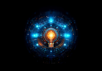 Poster - A futuristic light bulb shape glows orange at the center, surrounded by intricate blue digital circles and lines, creating a technological and abstract design against a black background.