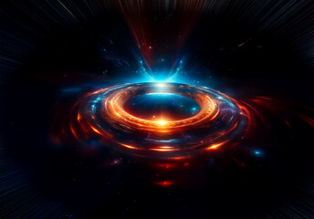 Poster - Abstract cosmic burst of energy. A vibrant ring of light explodes in space with blue and orange hues, creating a dynamic and celestial spectacle.
