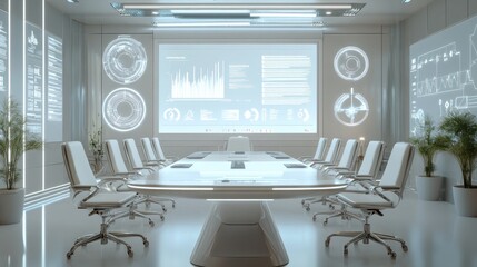 Poster - Futuristic boardroom with holographic charts and presentation screens.
