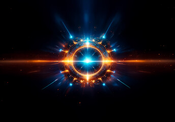Poster - Abstract glowing sphere emitting vibrant blue and orange light rays against a dark backdrop.  A central radiant circle with energy bursts creating a futuristic and dynamic visual effect.