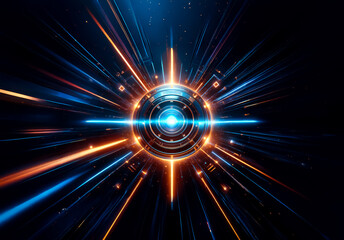 Aufkleber - A vibrant digital creation bursts forth with radial energy. A glowing central orb emits streaks of blue and orange light, creating a dynamic and futuristic abstract design.