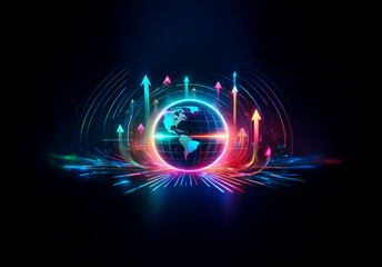 Fototapete - A neon globe encircled by vibrant arrows pointing upwards on a dark background, representing global progress and connectivity in a futuristic style.
