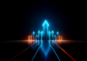 Poster - Neon arrows in blue and orange hues point upward, symbolizing progress and direction against a dark backdrop, creating a sense of forward movement and aspiration.