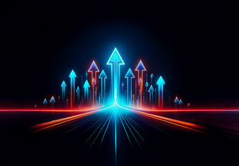 Poster - Bright blue and red arrows ascend from a central vanishing point, symbolizing forward motion and growth against a stark black background.