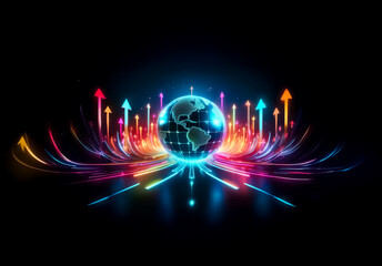 Poster - A glowing globe with vibrant arrows pointing upwards, surrounded by colorful light trails on a dark background.