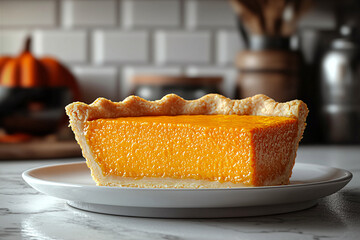 Wall Mural - A slice of orange pie with a crusty edge sits on a white plate.