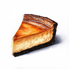 Wall Mural - Deliciously golden slice of baked cheesecake with a chocolate crust, isolated on a white background, showcasing its rich texture.