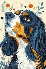 Aufkleber - a colorful illustration of a dog surrounded by plants and abstract elements.