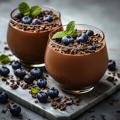 Wall Mural - Chocolate mousse desserts in glasses, topped with fresh blueberries, chocolate shavings, and mint sprigs on a marble surface.