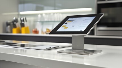Poster - Minimalist office desk with a business strategy report and digital tablet.