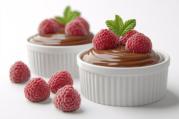 Wall Mural - Chocolate pudding in ramekins, garnished with fresh raspberries and mint leaves, sits against a clean white backdrop.