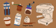 © luamor - Set of coffee elements. Craft paper cup, coffee machines cartoon retro stickers. Coffee makers, kettles, brewing, glass, cappuccino, beans. Graphic doodle minimalist vintage icons