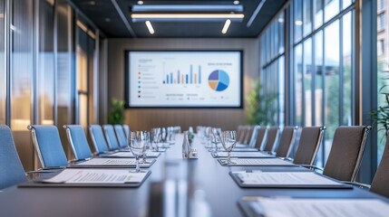 Poster - Professional presentation setup with printed documents and pie charts.
