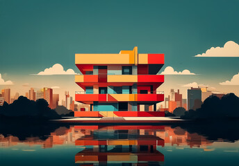 Fototapete - Vibrant block building with colorful geometric shapes reflecting in water. A cityscape and cloudy sky serve as the backdrop for this modern architectural scene.