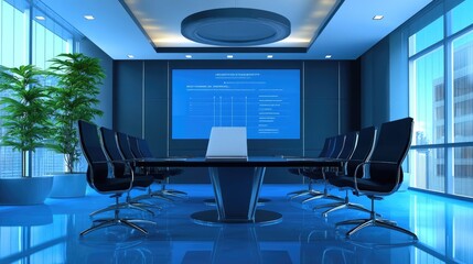 Poster - Smart conference room with a touch screen showing a performance report.