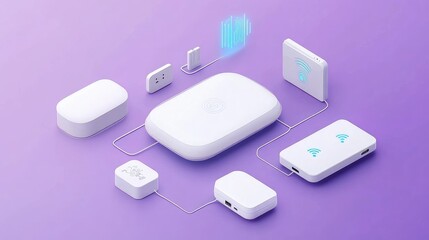 Poster - Smart devices for energy efficiency connected via IoT network on a purple gradient background.