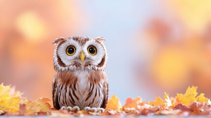 Wall Mural - Owl autumn leaves forest background nature wildlife