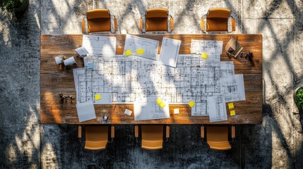 Poster - Top-down view of a meeting table filled with colorful sticky notes and blueprints.