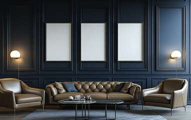 Sticker - Elegant living room, dark walls, leather sofa, mockups, interior design