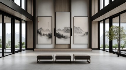 Poster - modern interior with minimalist artwork and mountain view