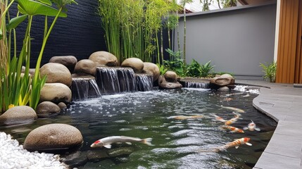 Wall Mural - Koi fish swim in a pond with waterfall in a backyard with stone and bamboo. Use for landscape ads