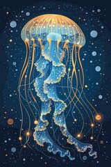 Poster - A glowing jellyfish floating in a starry ocean, showcasing intricate details and colors.