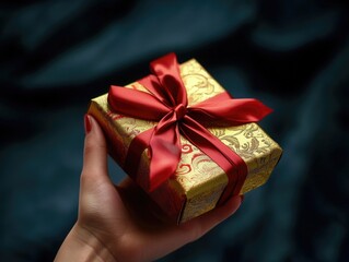 Sticker - Person's hand gently holding wrapped gift with red ribbon and gold foil detail.