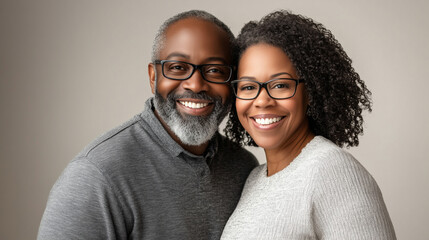 Wall Mural - Portrait of happy black American mature couple smiling, African woman and man together