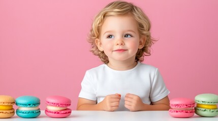 Wall Mural - Plus size child surrounded by colorful macarons and cookies on a white table isolated against a soft pastel gradient background with copy space 