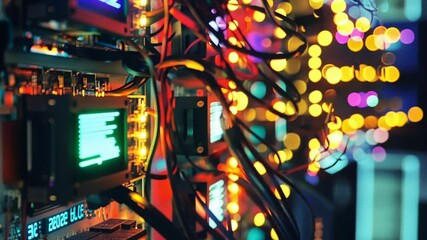 Fototapete - Complex network of cables and glowing lights illuminating a server room, showcasing advanced technology and futuristic design in data processing and storage