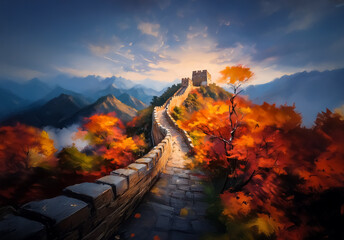 Poster - A stunning landscape in China showcases the Great Wall meandering through vibrant autumn foliage.  Mountains fade into a soft sky, creating a picturesque scene of natural beauty.