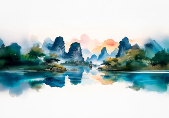 Aufkleber - Serene China landscape featuring misty mountains reflecting in calm water under a soft sky, evoking a peaceful and tranquil atmosphere.