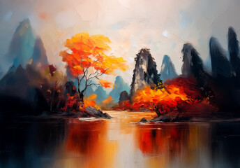 Poster - Vibrant landscape of China with towering mountains and colorful trees reflected in calm water.  Autumn hues paint a serene and picturesque scene.