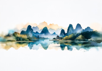 Poster - Watercolor painting showcases a serene landscape scene in China. Mountains rise with misty air, reflecting in calm water. A tranquil and scenic view of nature.