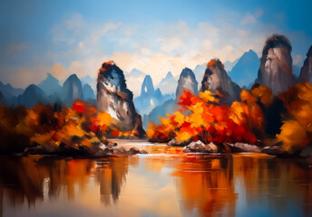 Poster - A vibrant Chinese landscape painting shows autumn mountains reflected in water. Scenic view with orange and blue hues creates a tranquil and beautiful scene.