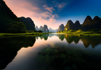 Poster - Serene landscape in China with towering karst mountains reflecting in calm waters under a vibrant sky at dusk.