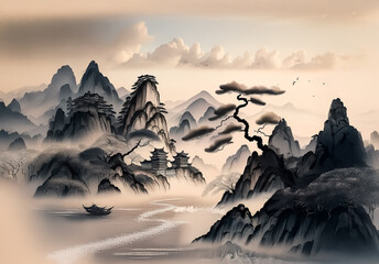 Aufkleber - A serene Chinese landscape with misty mountains, stylized trees, and a lone boat drifting on calm waters under a cloudy sky.