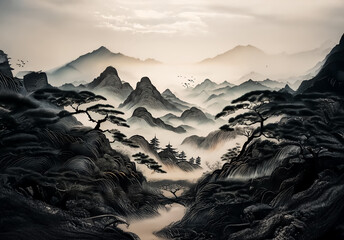Poster - A serene landscape in China, showcasing misty mountains layered in distance. Dark trees frame the foreground, creating depth and peaceful atmosphere in this scenic view.