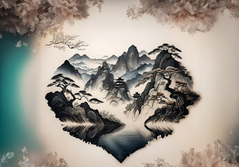 Poster - Chinese landscape art from China, featuring mountains, trees, and water in an ink wash style, evoking a sense of serenity and timeless beauty.