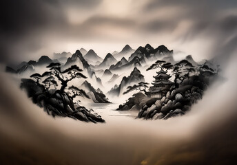 Poster - Serene Chinese landscape with misty mountains, traditional trees, and a pagoda. A peaceful and contemplative scene in a classic style.