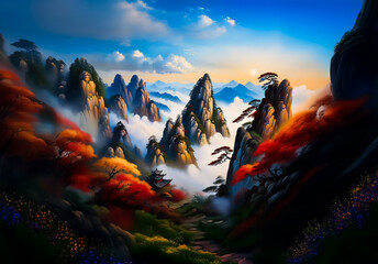 Poster - Dramatic China landscape. Misty mountains rise amidst vibrant autumn foliage. A scenic path winds through this beautiful vista.